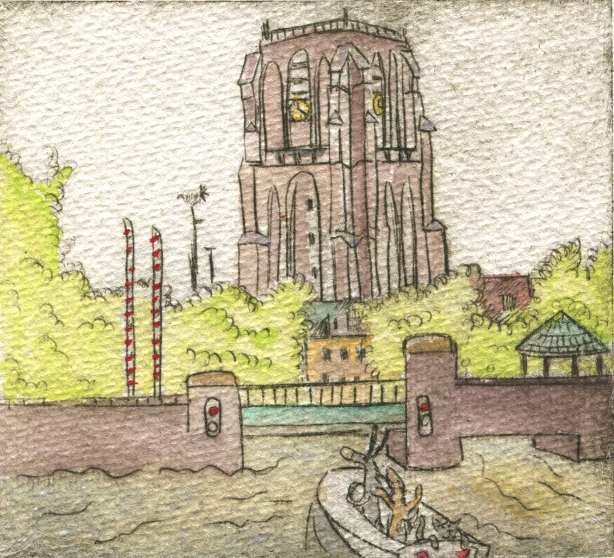 Een met aquarel ingekleurde pentekening met Leeuwarder iconen als Prinsentuin, Oldenhove en stadsgracht. In een bootje kijken de dieren uit het sprookje om zich heen.